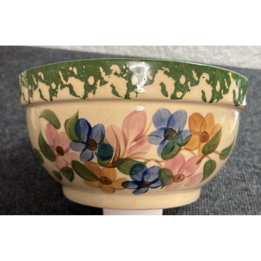Alpine Pottery Roseville Ohio Large 8 ½” Bowl Green Check Spongeware Floral